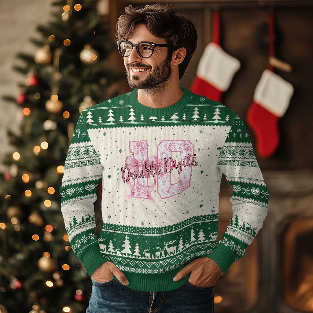 10th Birthday Ugly Christmas Sweater Double Digits Pink Coquette Bow 10 Year Old Aesthetic TS11 Beige Green Print Your Wear