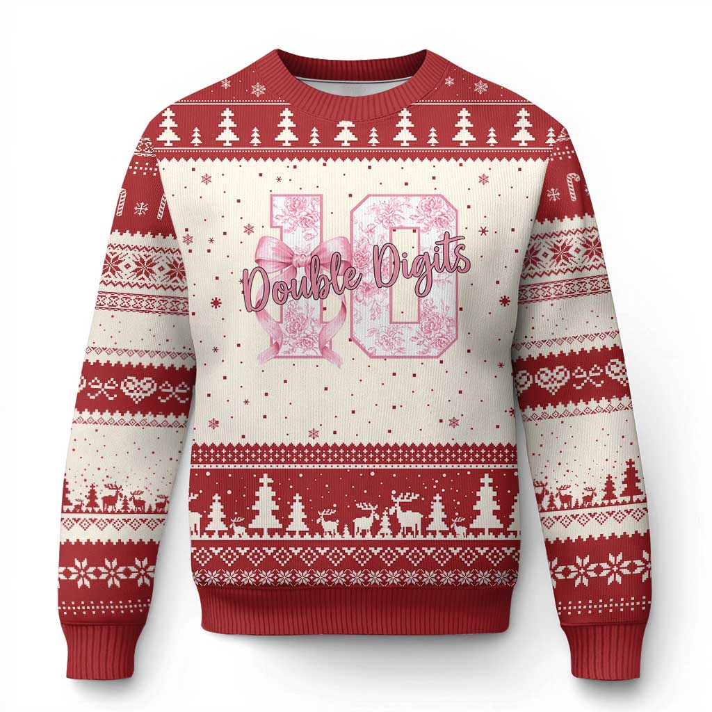 10th Birthday Ugly Christmas Sweater Double Digits Pink Coquette Bow 10 Year Old Aesthetic TS11 Beige Red Print Your Wear