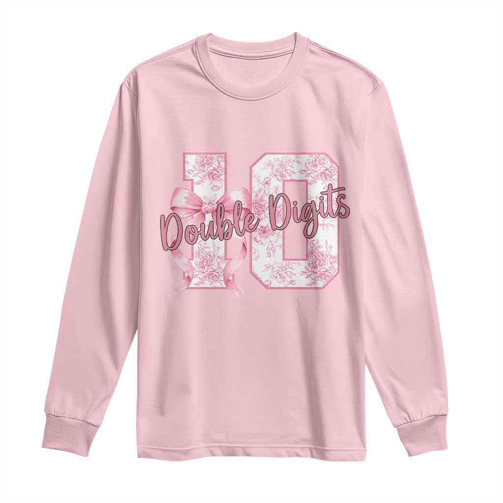 10th Birthday Long Sleeve Shirt Double Digits Pink Coquette Bow 10 Year Old Aesthetic TS11 Light Pink Print Your Wear