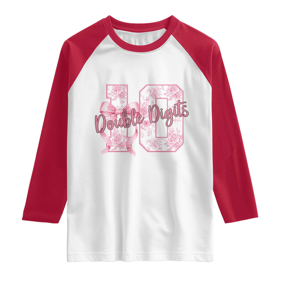 10th Birthday Raglan Shirt Double Digits Pink Coquette Bow 10 Year Old Aesthetic TS11 White Red Print Your Wear