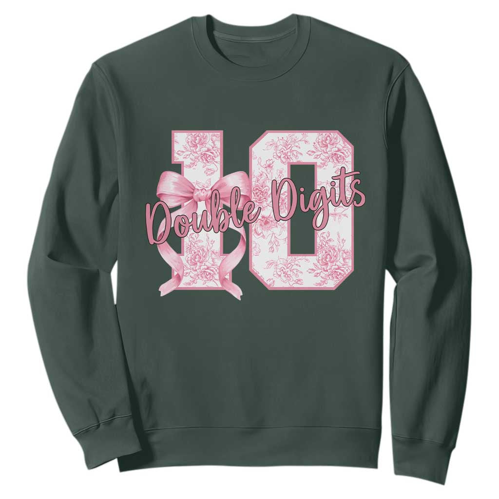 10th Birthday Sweatshirt Double Digits Pink Coquette Bow 10 Year Old Aesthetic TS11 Dark Forest Green Print Your Wear