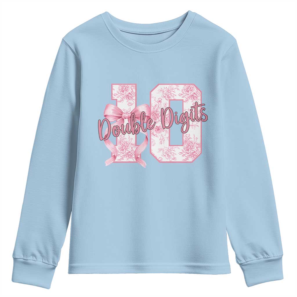 10th Birthday Youth Sweatshirt Double Digits Pink Coquette Bow 10 Year Old Aesthetic TS11 Light Blue Print Your Wear