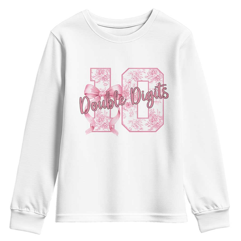 10th Birthday Youth Sweatshirt Double Digits Pink Coquette Bow 10 Year Old Aesthetic TS11 White Print Your Wear