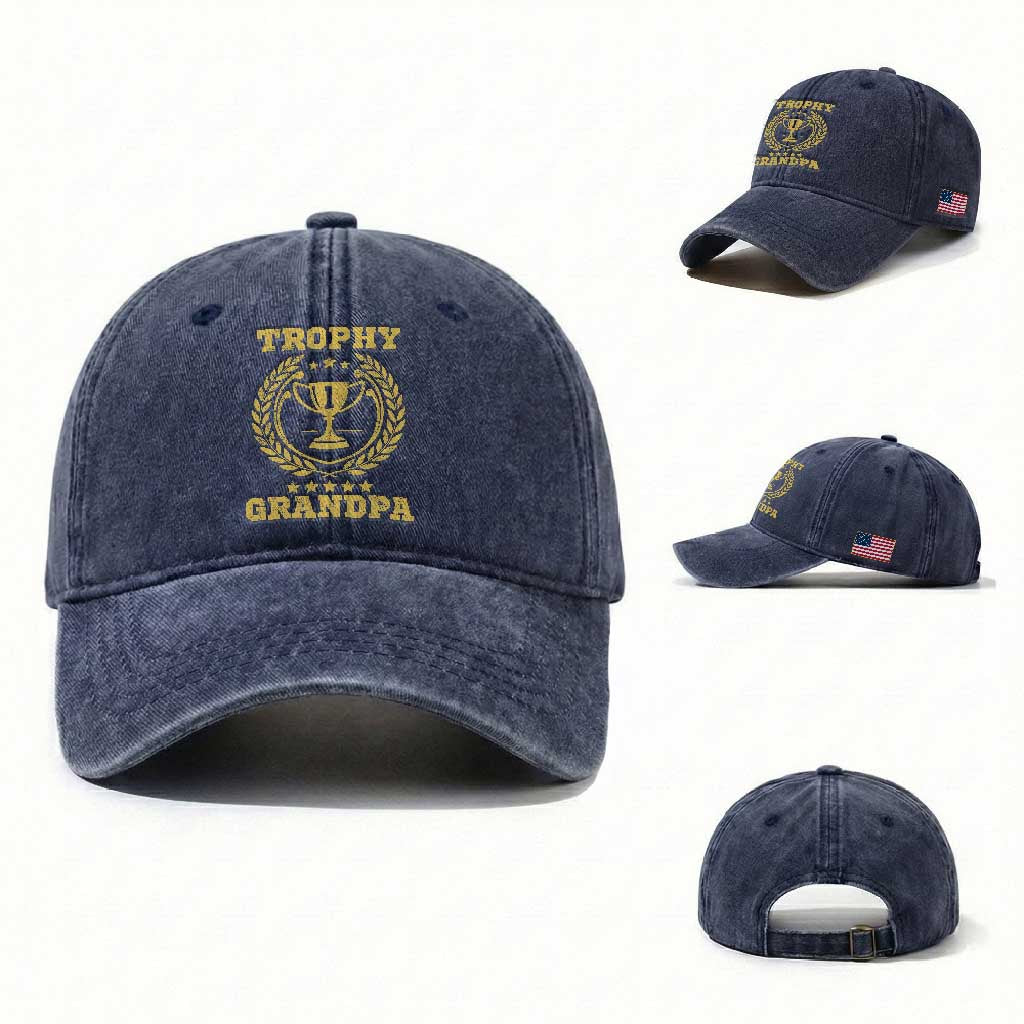 Trophy Grandpa Washed Cotton Baseball Cap Funny Number One Grandfather TS11 Washed Cap Universal Fit Navy Print Your Wear
