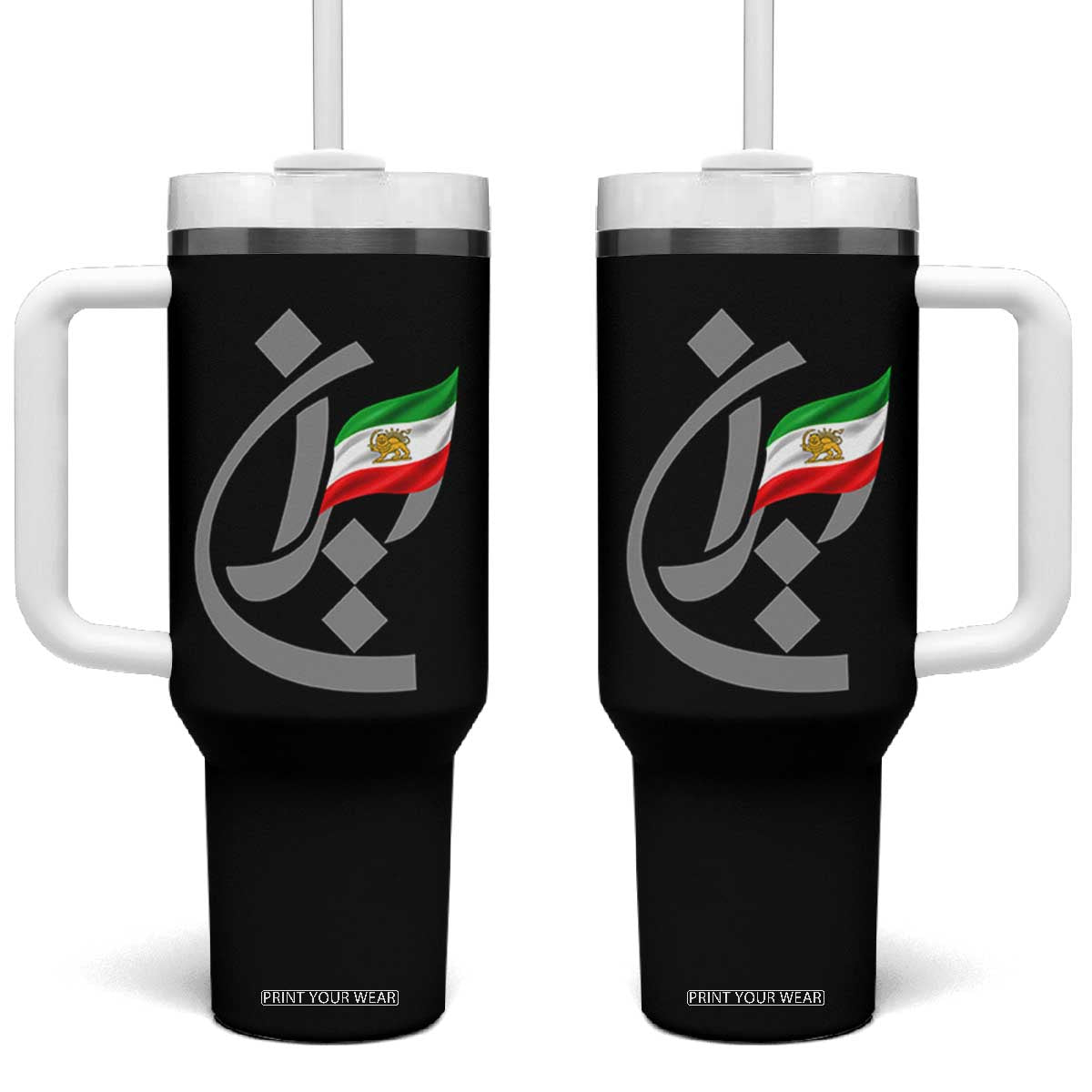 Iran Lion and Sun Flag Persian Calligraphy Tumbler With Handle TS11 One Size: 40 oz Black Print Your Wear