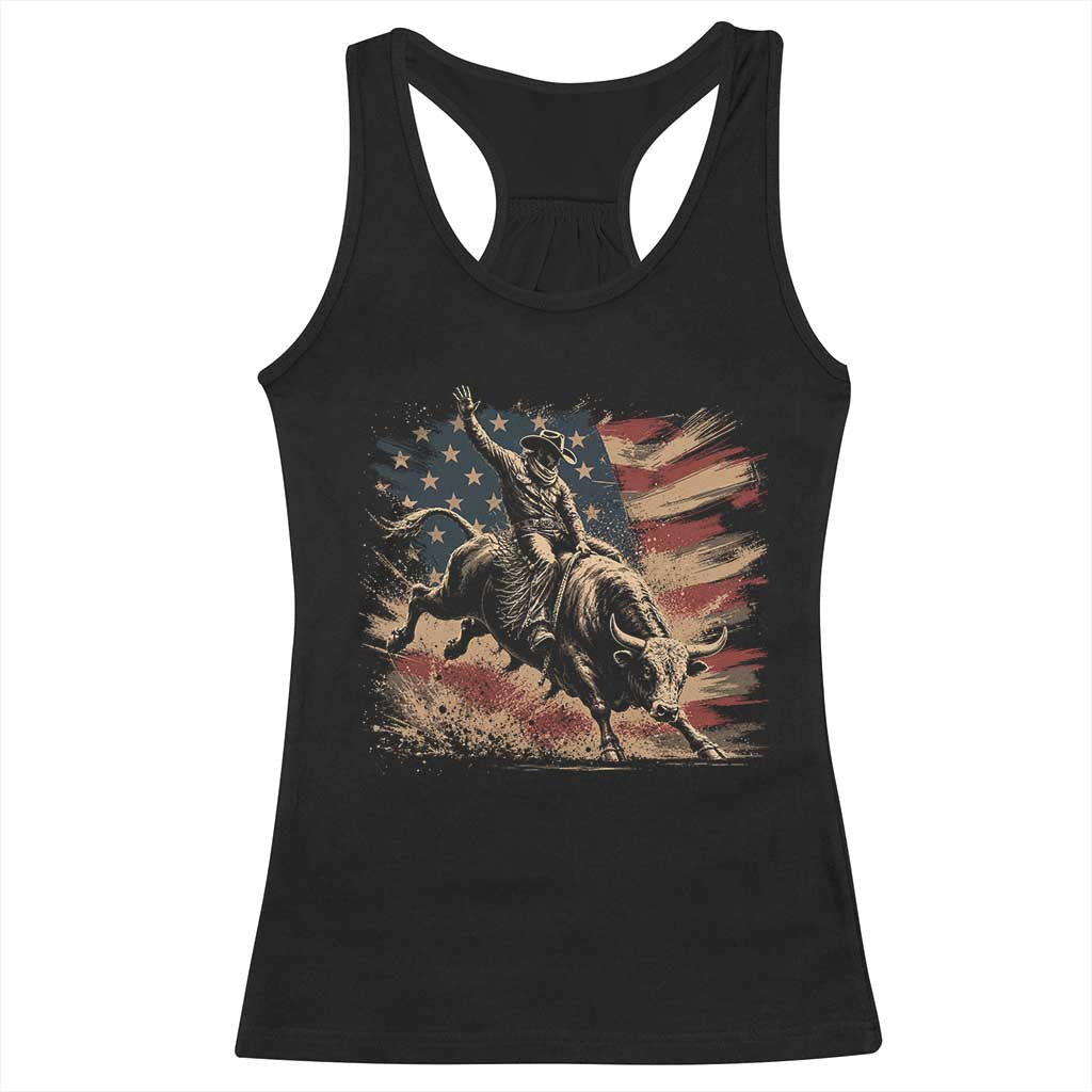 Patiotic Bull Rider Vintage Bull Riding Cowboy American Flag Racerback Tank Top TS11 Black Print Your Wear