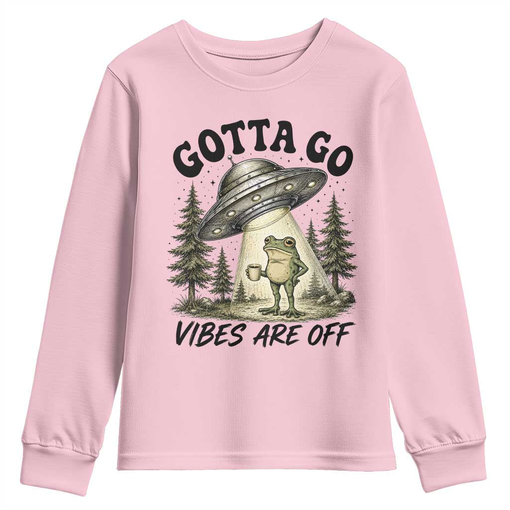 Funny Frog Alien Abduction Youth Sweatshirt Gotta Go Vibes Are Off UFO Forest TS11 Light Pink Print Your Wear