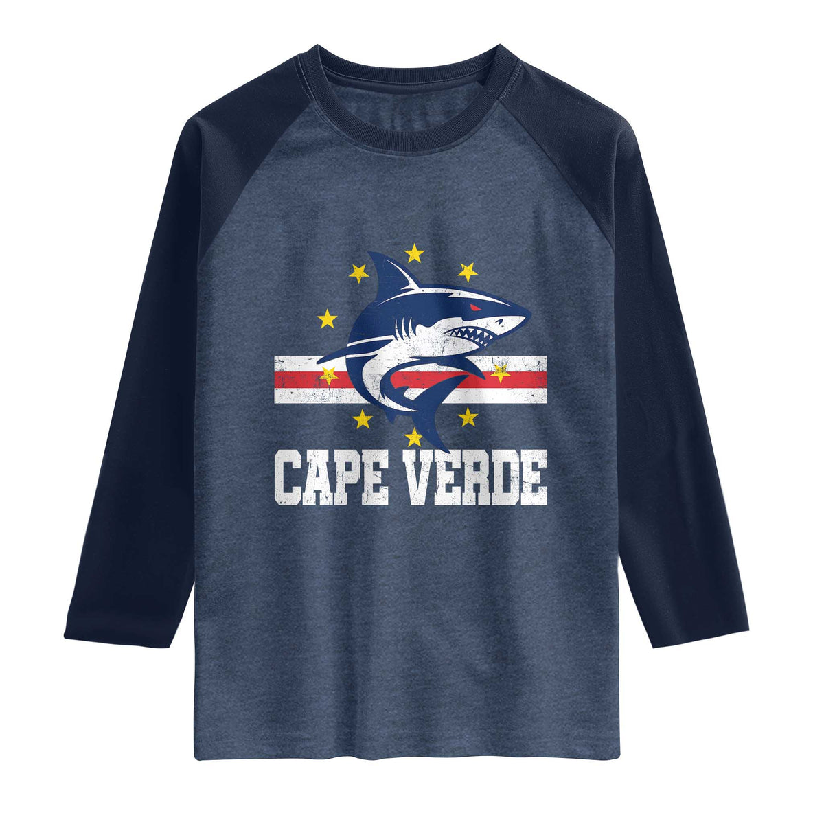 Vintage Cape Verde Shark Cabo Verdean Roots Raglan Shirt TS11 Heather Denim Navy Print Your Wear
