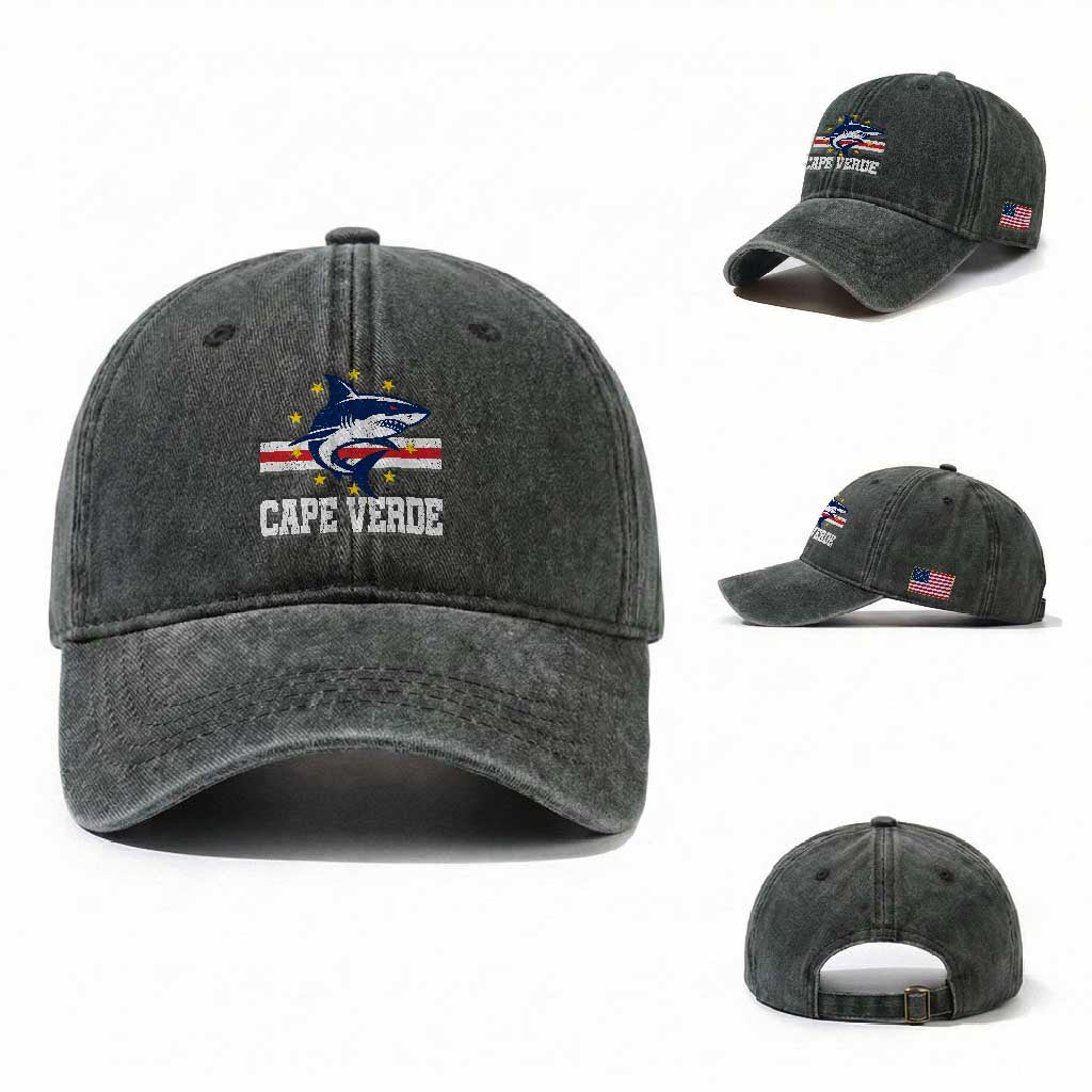 Vintage Cape Verde Shark Cabo Verdean Roots Washed Cotton Baseball Cap TS11 Washed Cap Universal Fit Dark Green Print Your Wear