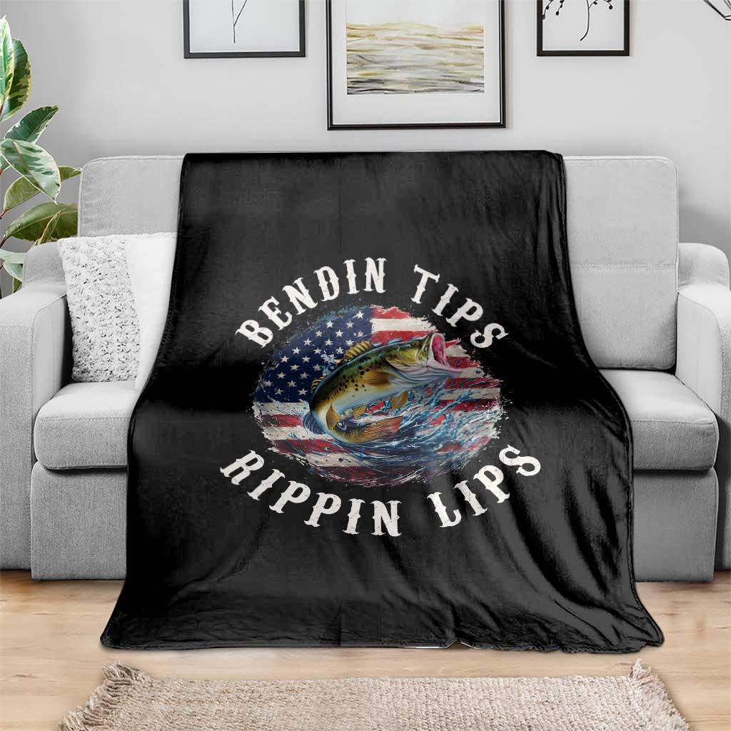 Funny Fishing Throw Blanket Bendin Tips Rippin Lips USA Flag