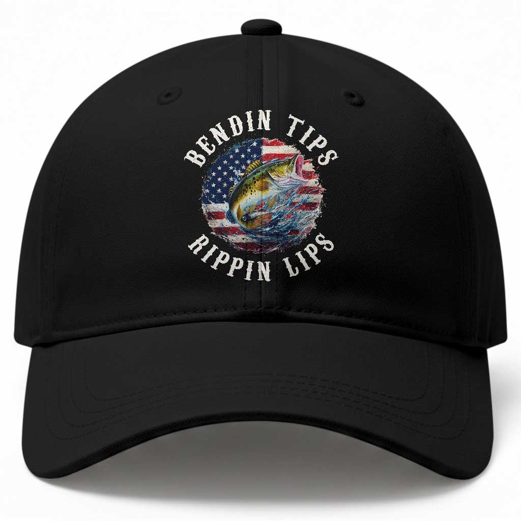 Funny Fishing Baseball Cap Bendin Tips Rippin Lips USA Flag
