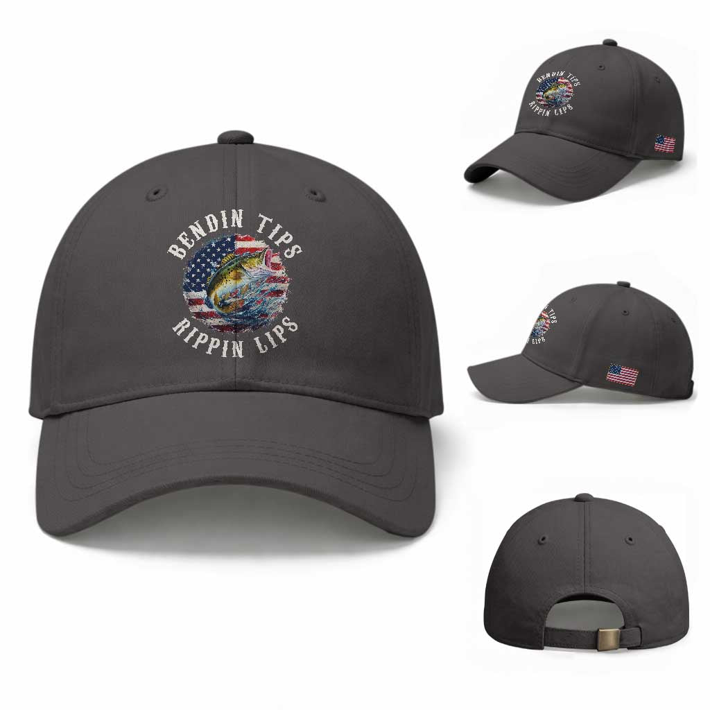 Funny Fishing Baseball Cap Bendin Tips Rippin Lips USA Flag