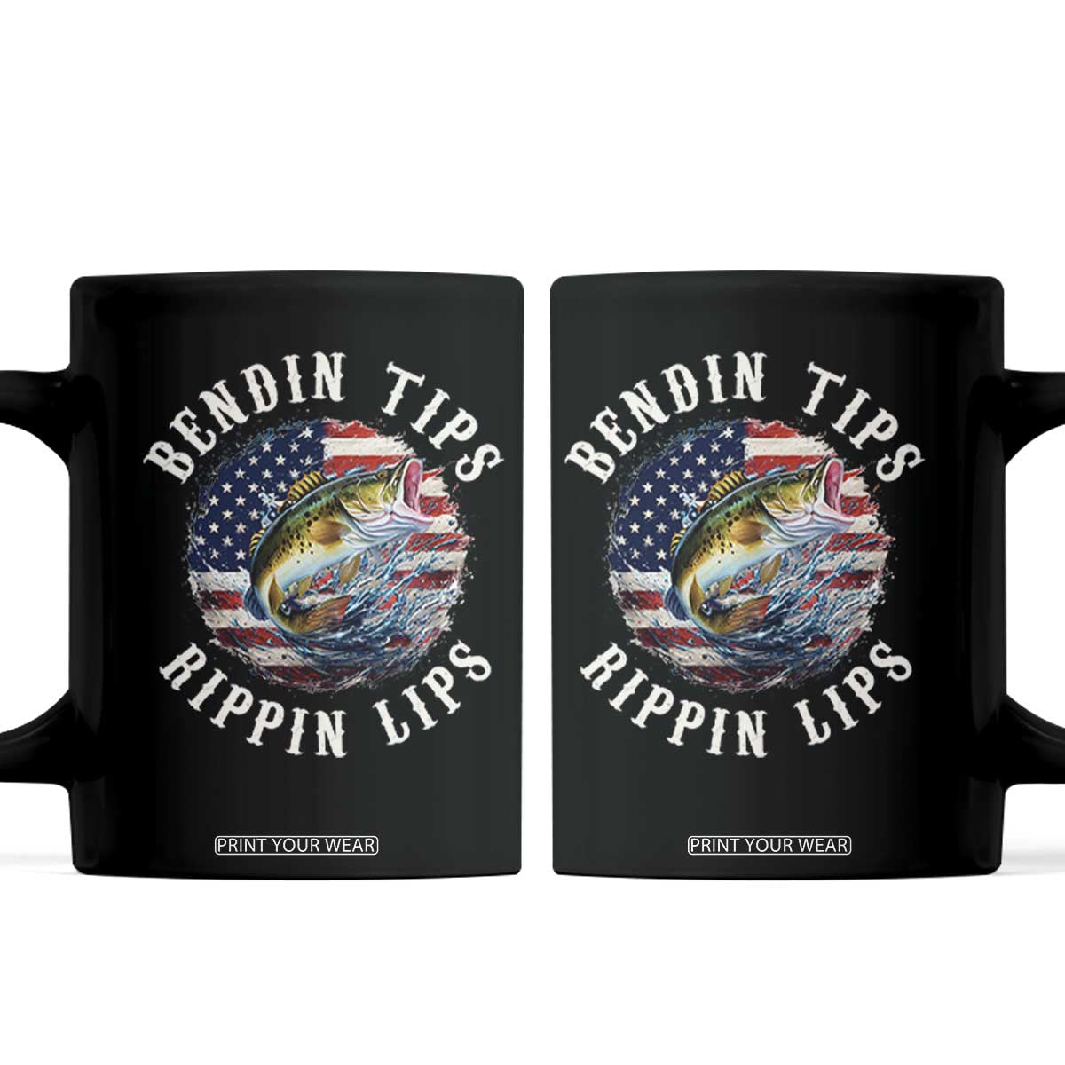 Funny Fishing Coffee Mug Bendin Tips Rippin Lips USA Flag