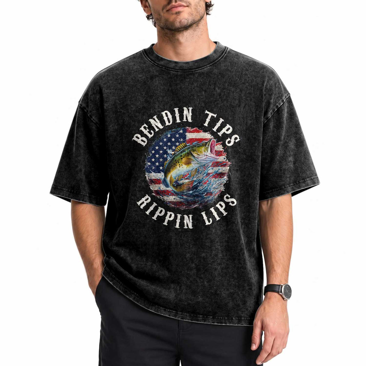Funny Fishing Washed Cotton T-Shirt Bendin Tips Rippin Lips USA Flag