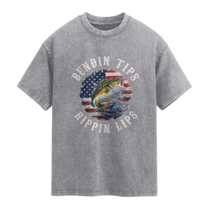 Funny Fishing Washed Cotton T-Shirt Bendin Tips Rippin Lips USA Flag