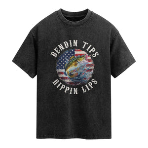 Funny Fishing Washed Cotton T-Shirt Bendin Tips Rippin Lips USA Flag
