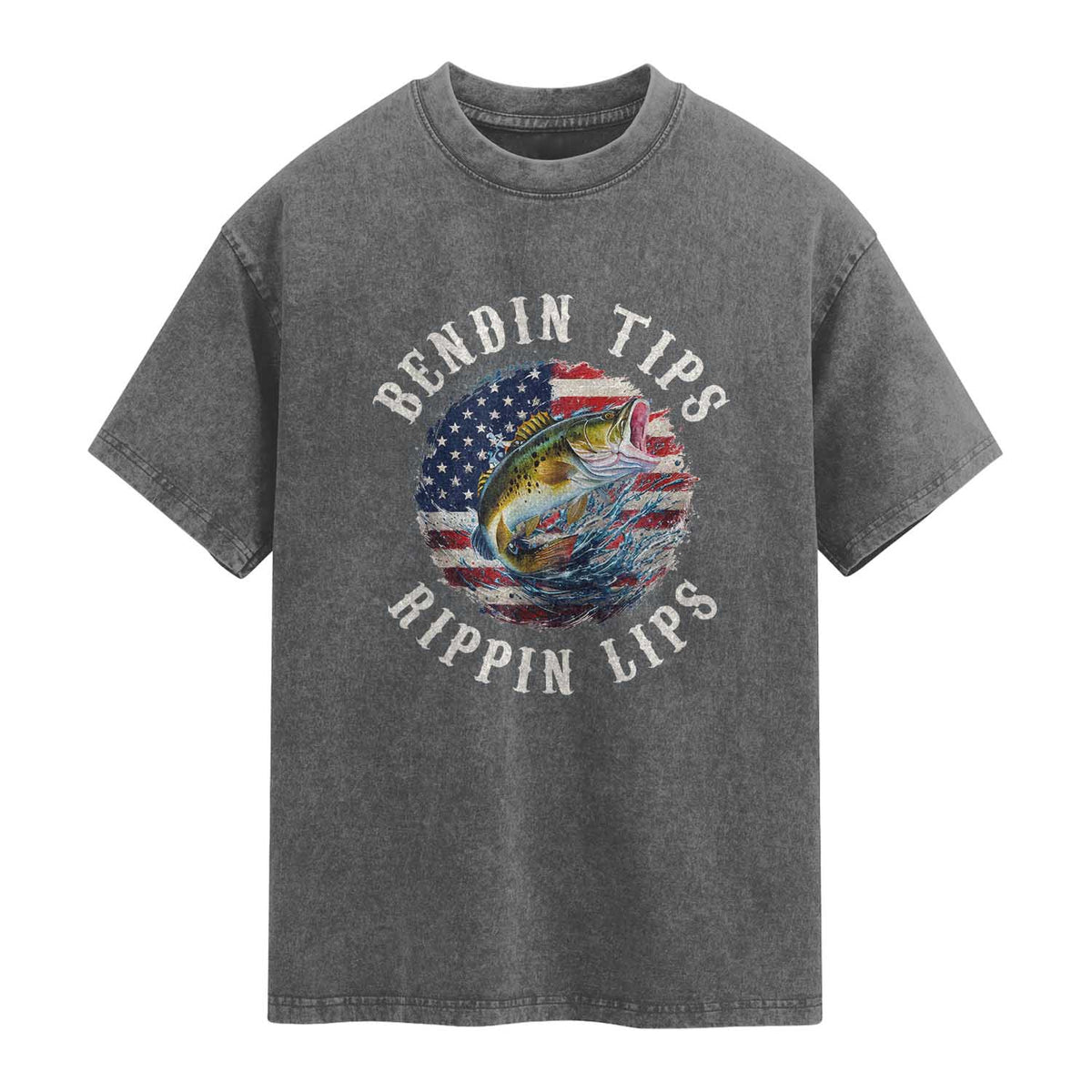 Funny Fishing Washed Cotton T-Shirt Bendin Tips Rippin Lips USA Flag