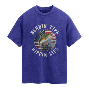 Funny Fishing Washed Cotton T-Shirt Bendin Tips Rippin Lips USA Flag