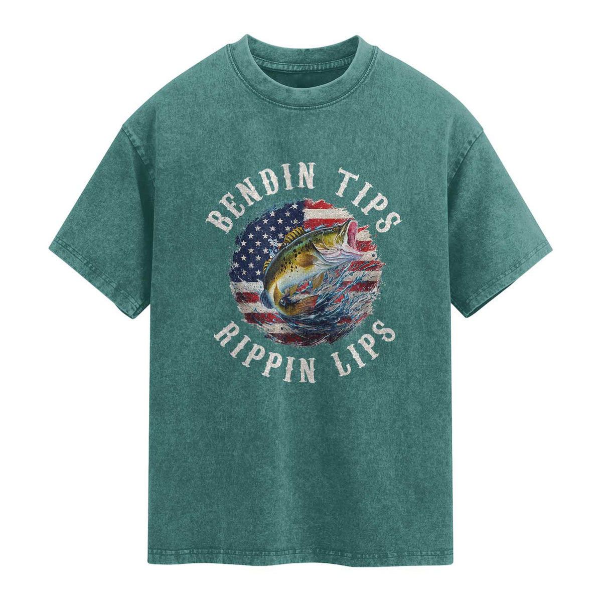 Funny Fishing Washed Cotton T-Shirt Bendin Tips Rippin Lips USA Flag