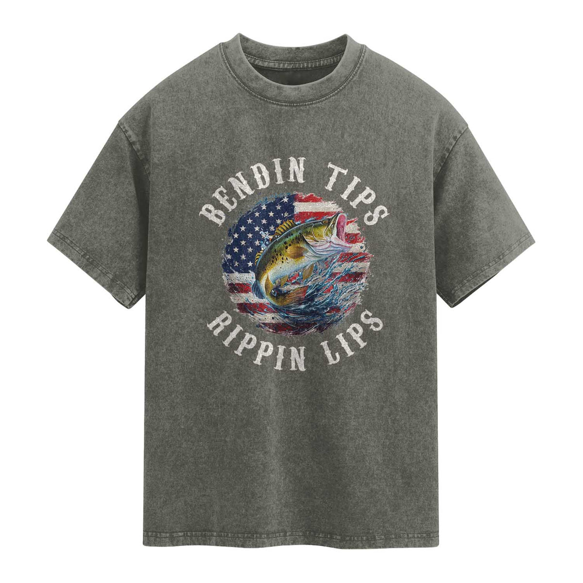 Funny Fishing Washed Cotton T-Shirt Bendin Tips Rippin Lips USA Flag
