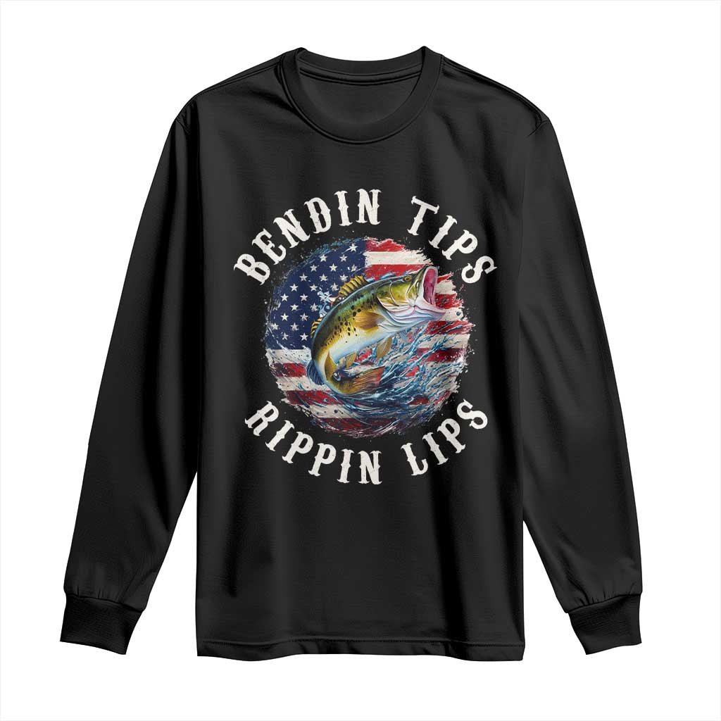 Funny Fishing Long Sleeve Shirt Bendin Tips Rippin Lips USA Flag