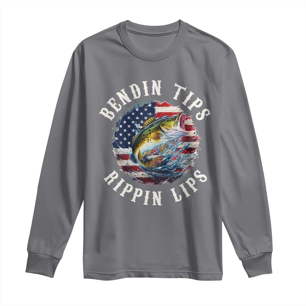 Funny Fishing Long Sleeve Shirt Bendin Tips Rippin Lips USA Flag