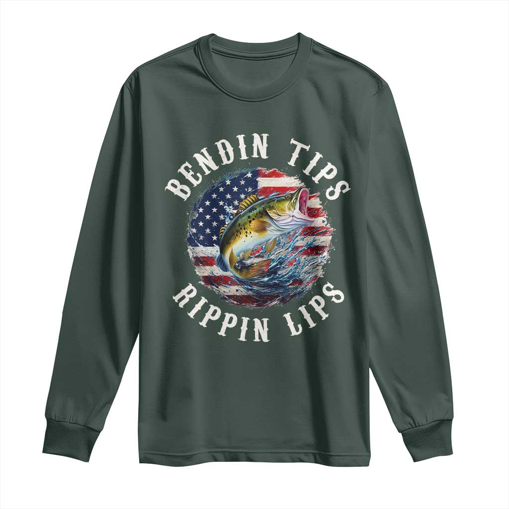 Funny Fishing Long Sleeve Shirt Bendin Tips Rippin Lips USA Flag