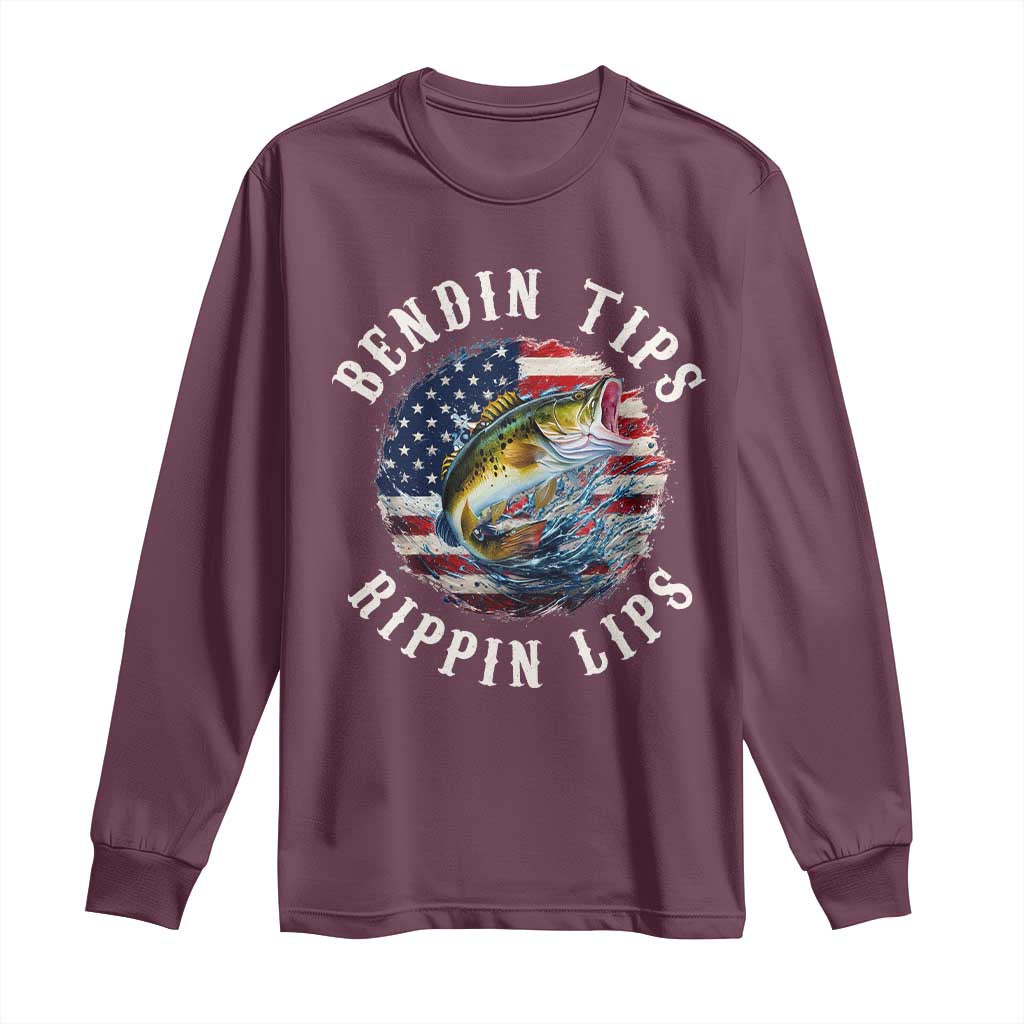 Funny Fishing Long Sleeve Shirt Bendin Tips Rippin Lips USA Flag