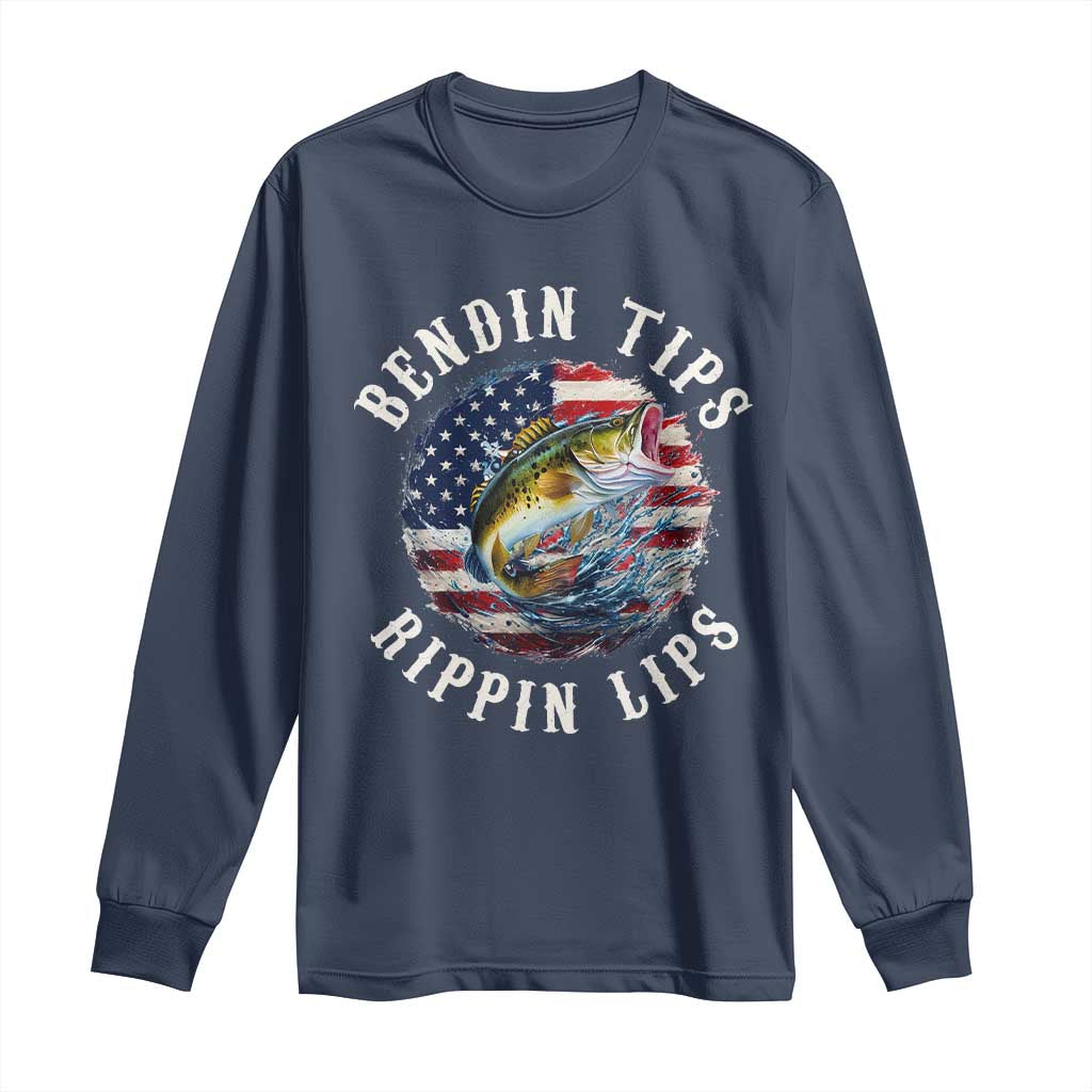Funny Fishing Long Sleeve Shirt Bendin Tips Rippin Lips USA Flag