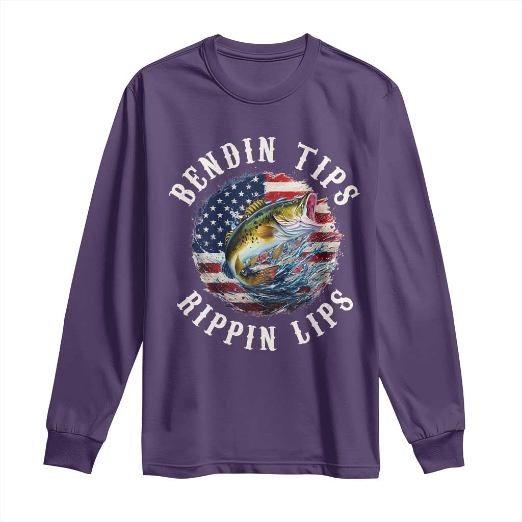 Funny Fishing Long Sleeve Shirt Bendin Tips Rippin Lips USA Flag