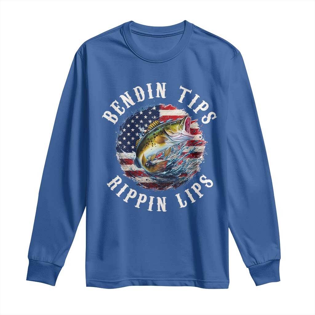 Funny Fishing Long Sleeve Shirt Bendin Tips Rippin Lips USA Flag
