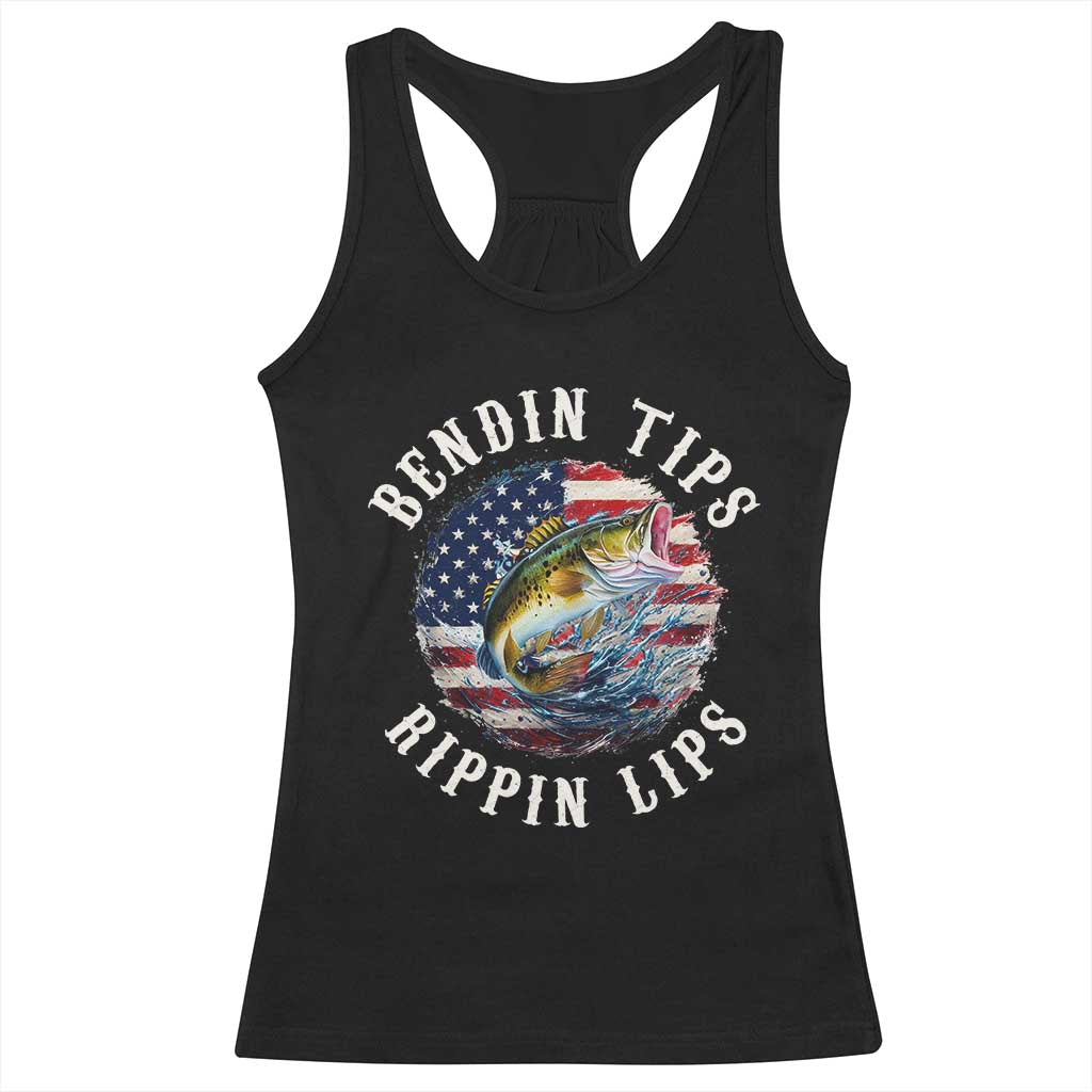 Funny Fishing Racerback Tank Top Bendin Tips Rippin Lips USA Flag