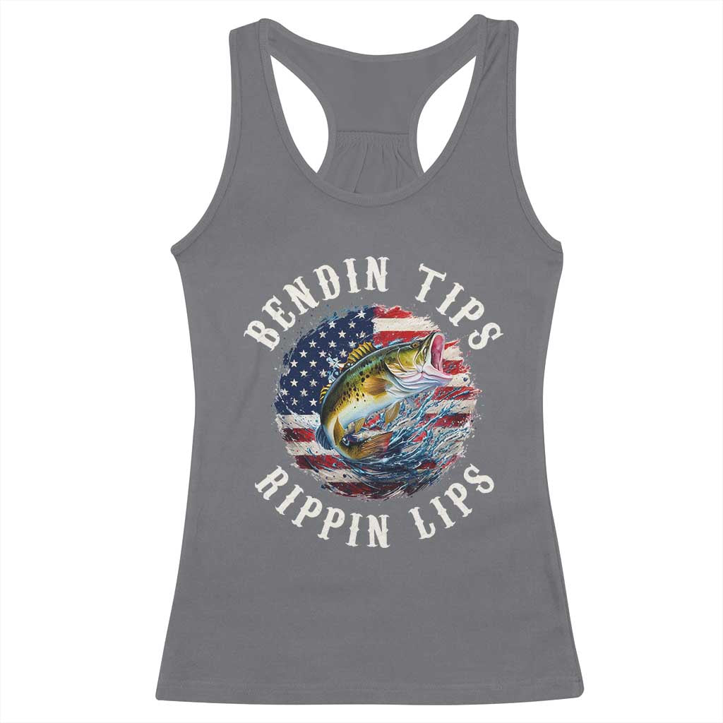 Funny Fishing Racerback Tank Top Bendin Tips Rippin Lips USA Flag