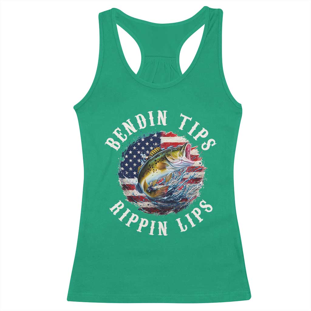Funny Fishing Racerback Tank Top Bendin Tips Rippin Lips USA Flag