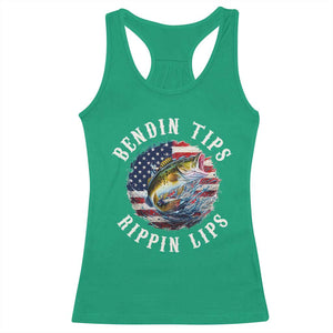Funny Fishing Racerback Tank Top Bendin Tips Rippin Lips USA Flag