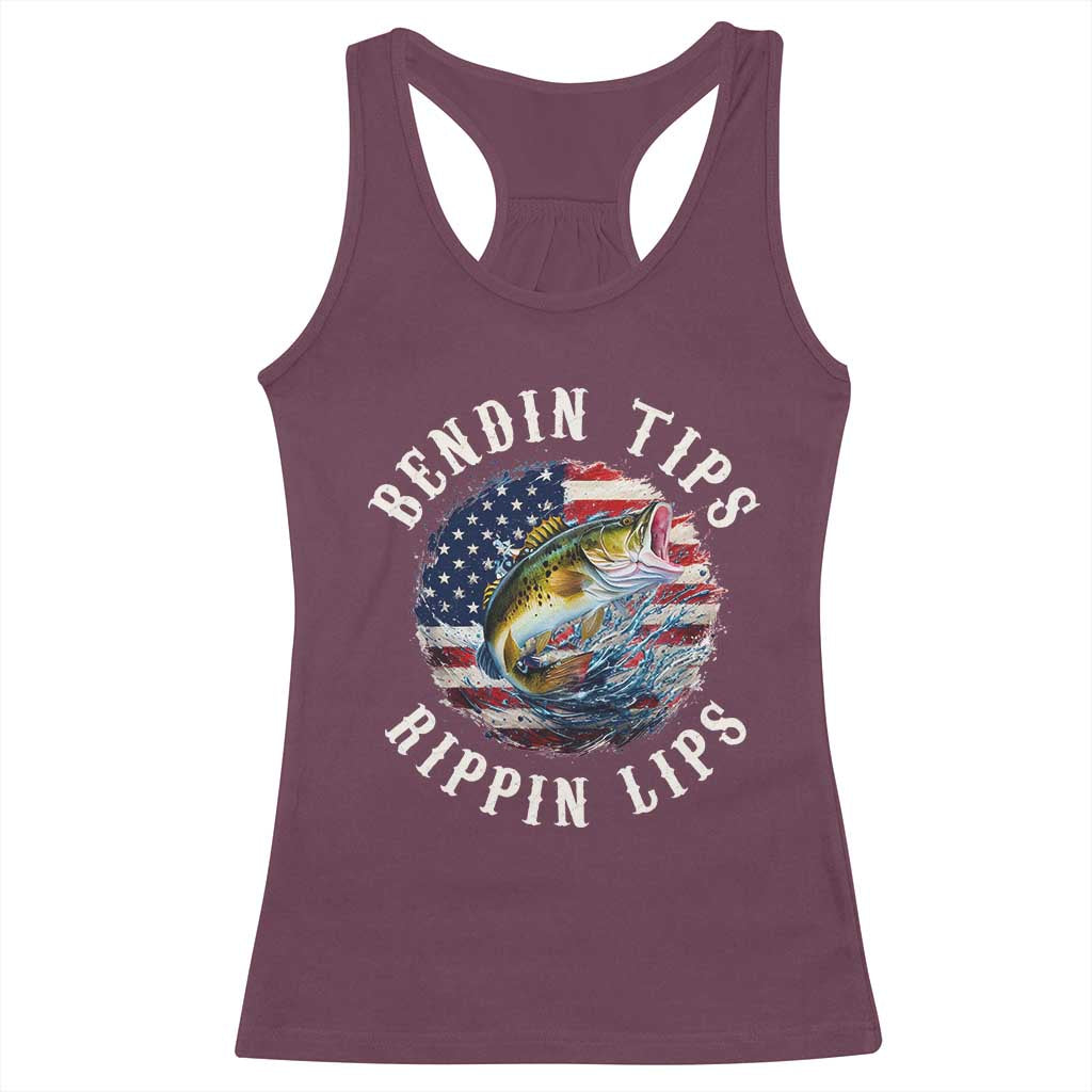Funny Fishing Racerback Tank Top Bendin Tips Rippin Lips USA Flag