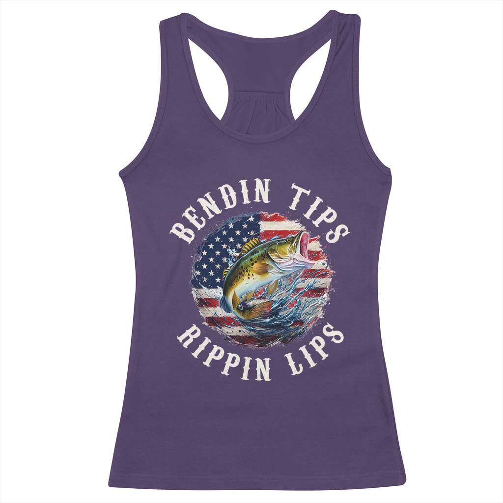 Funny Fishing Racerback Tank Top Bendin Tips Rippin Lips USA Flag