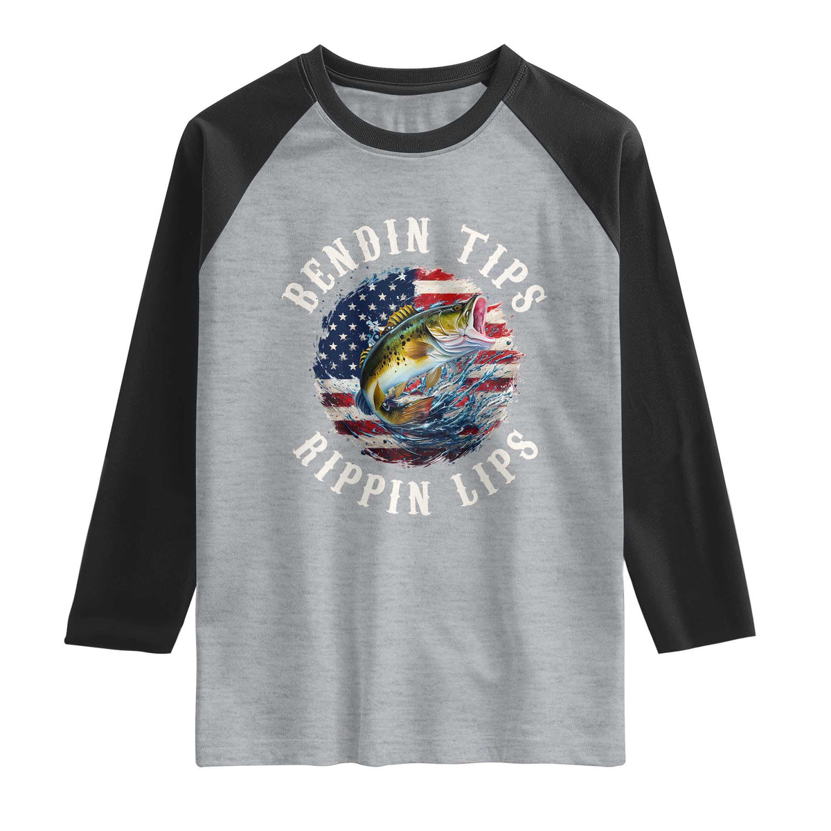 Funny Fishing Raglan Shirt Bendin Tips Rippin Lips USA Flag