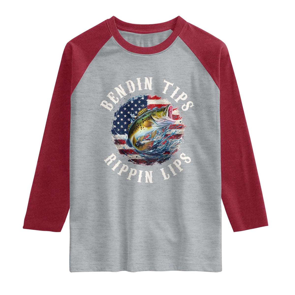 Funny Fishing Raglan Shirt Bendin Tips Rippin Lips USA Flag