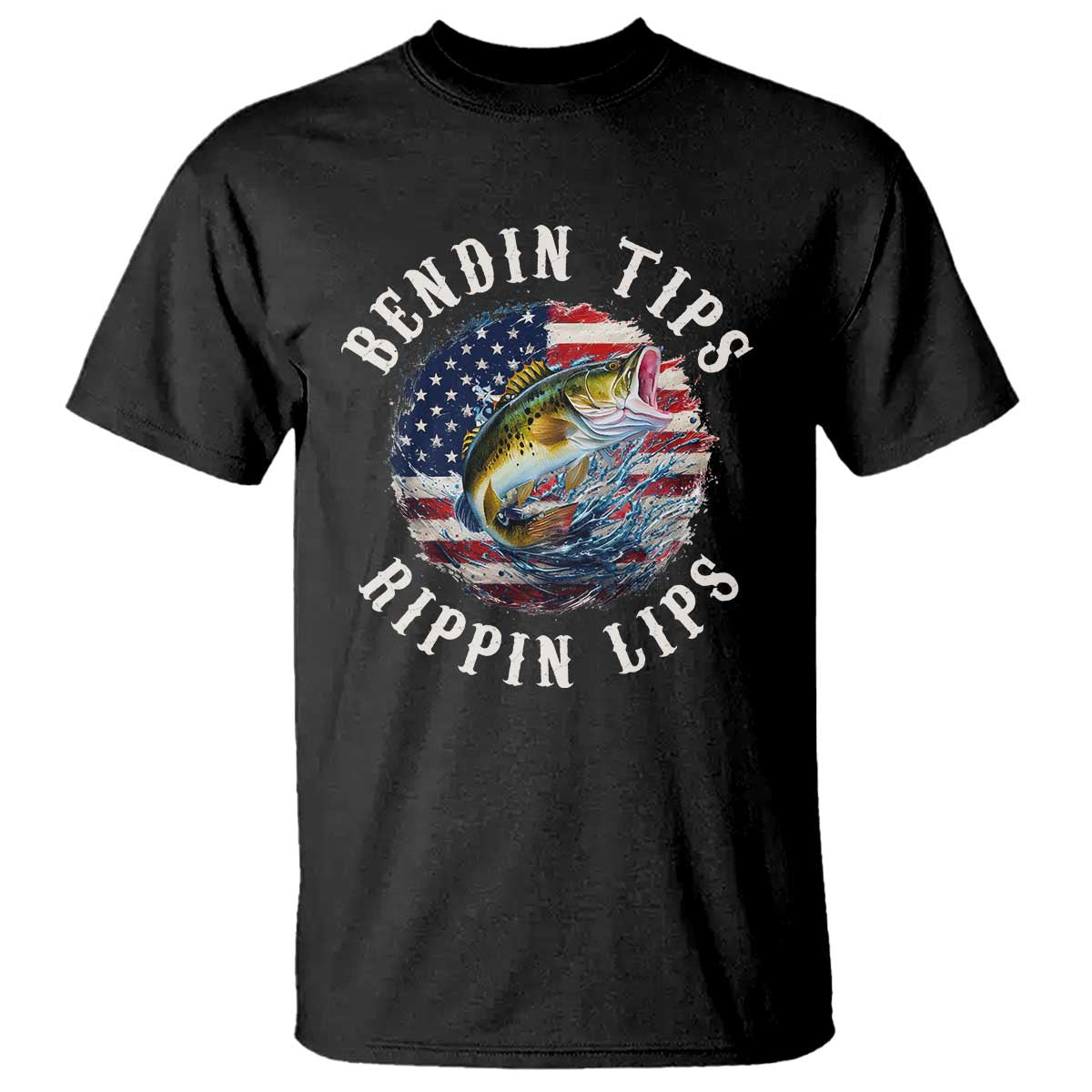 Funny Fishing T Shirt Bendin Tips Rippin Lips USA Flag