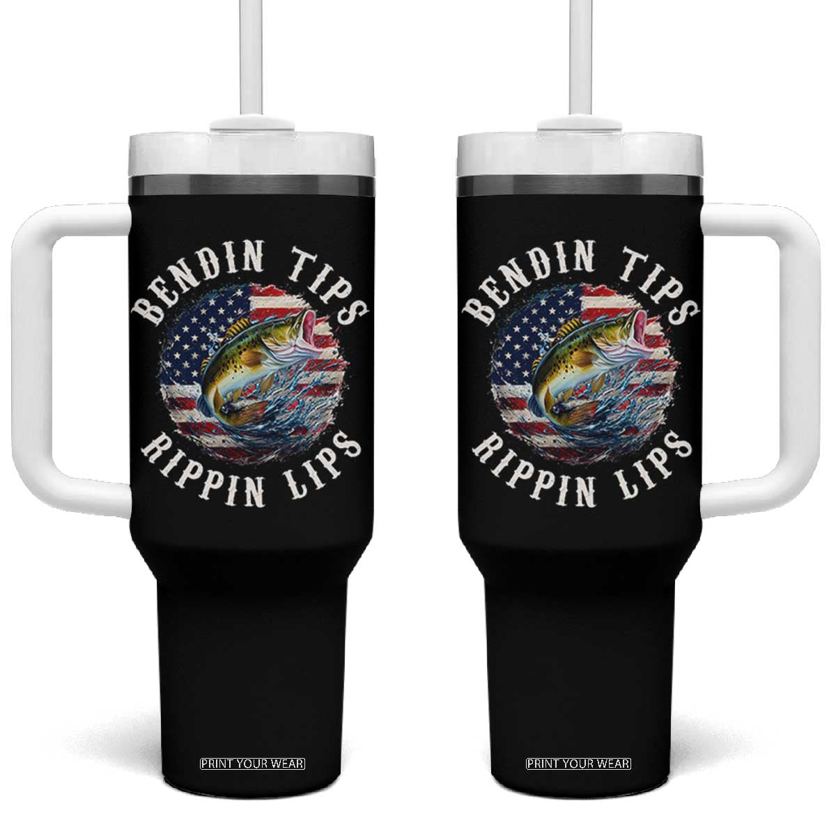 Funny Fishing Tumbler With Handle Bendin Tips Rippin Lips USA Flag