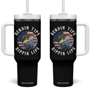 Funny Fishing Tumbler With Handle Bendin Tips Rippin Lips USA Flag