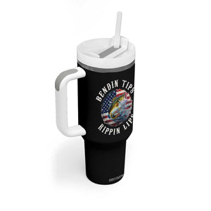 Funny Fishing Tumbler With Handle Bendin Tips Rippin Lips USA Flag