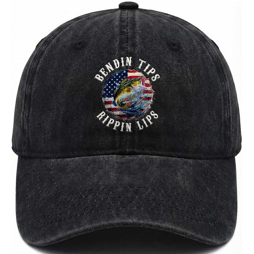 Funny Fishing Washed Cotton Baseball Cap Bendin Tips Rippin Lips USA Flag