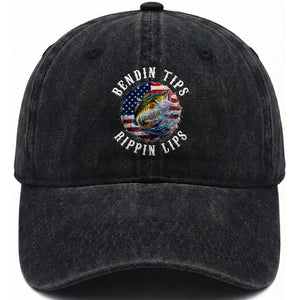 Funny Fishing Washed Cotton Baseball Cap Bendin Tips Rippin Lips USA Flag