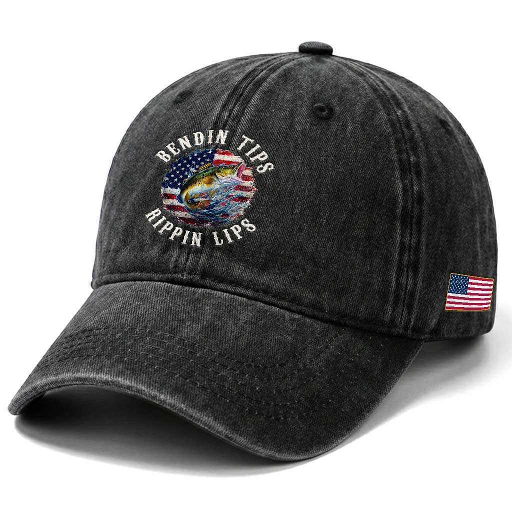 Funny Fishing Washed Cotton Baseball Cap Bendin Tips Rippin Lips USA Flag