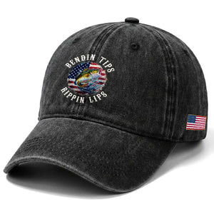 Funny Fishing Washed Cotton Baseball Cap Bendin Tips Rippin Lips USA Flag