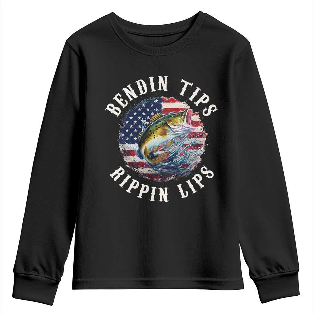 Funny Fishing Youth Sweatshirt Bendin Tips Rippin Lips USA Flag