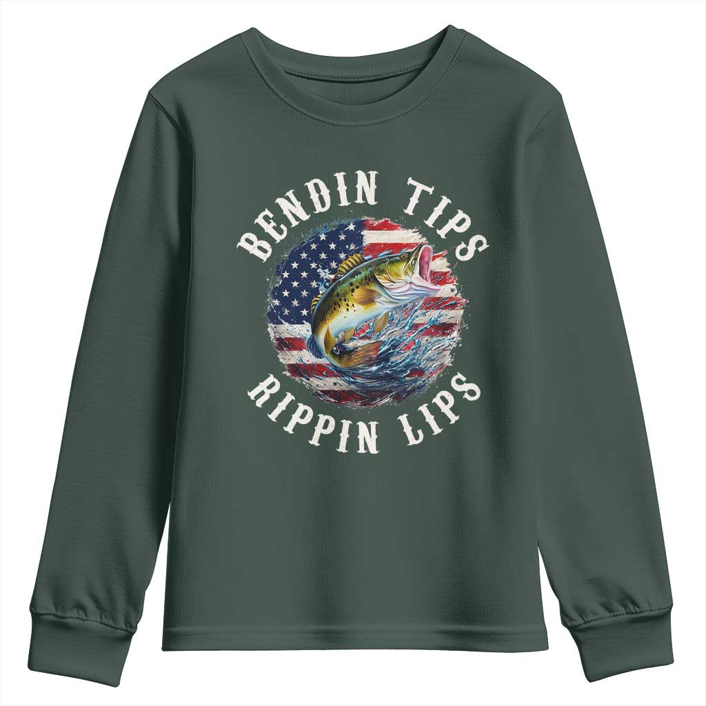 Funny Fishing Youth Sweatshirt Bendin Tips Rippin Lips USA Flag