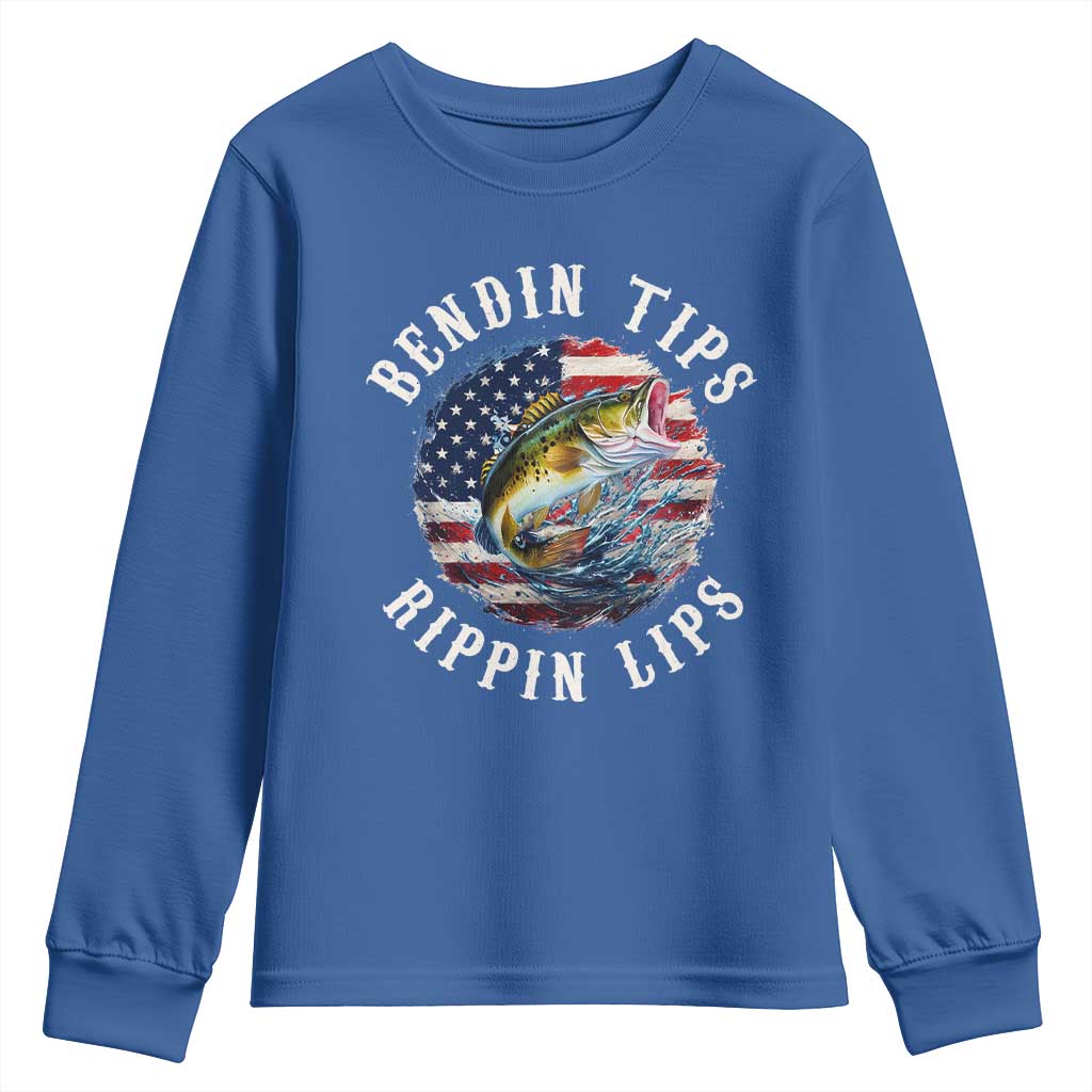 Funny Fishing Youth Sweatshirt Bendin Tips Rippin Lips USA Flag